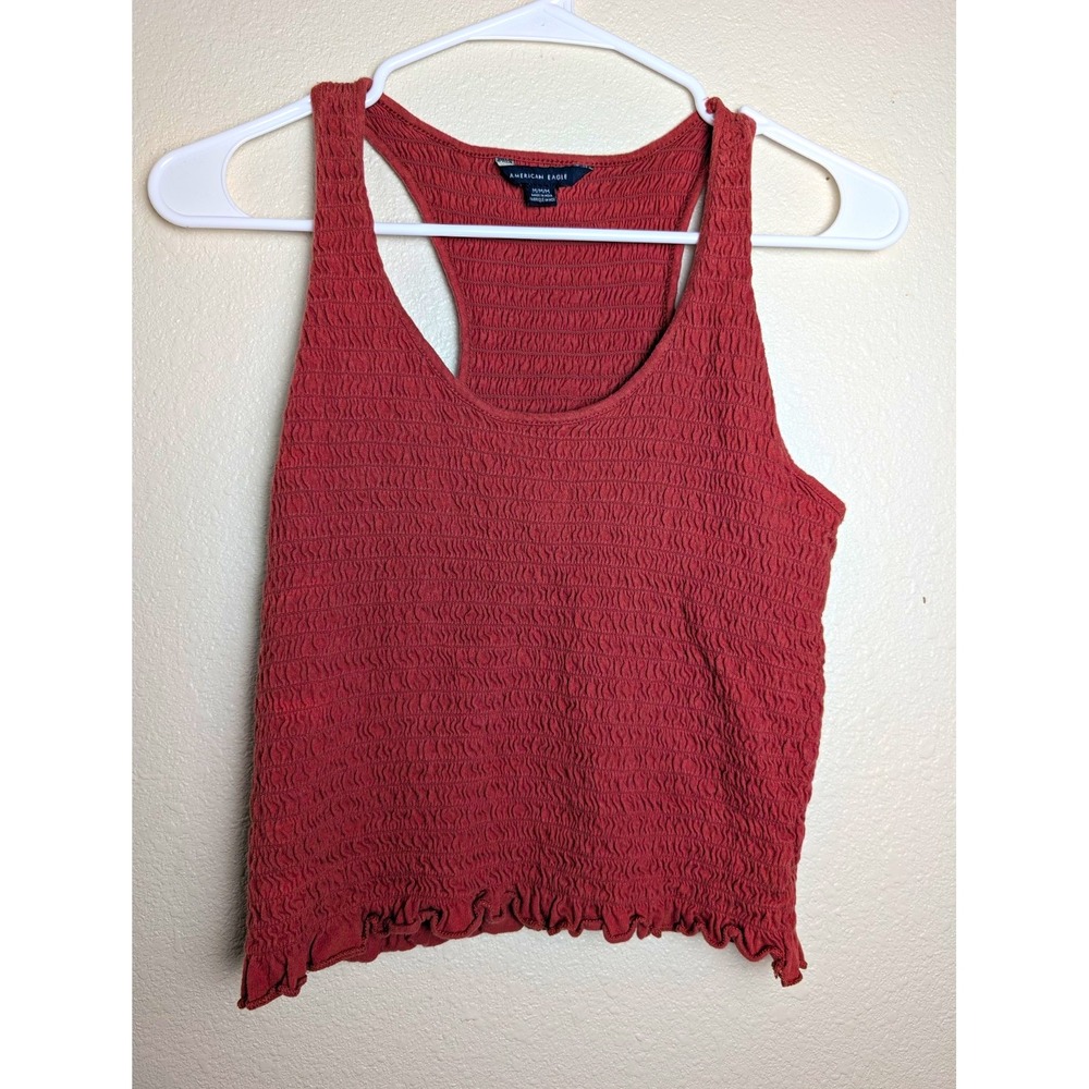 American Eagle Womens M Mauve Smocked Racerback Tank Top Lettuce Hem Y2K
